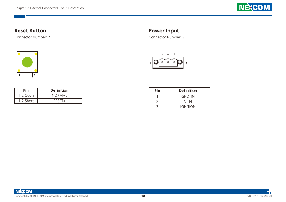 Reset button power input, Reset button, Power input | NEXCOM VTC 1010 User Manual | Page 24 / 109