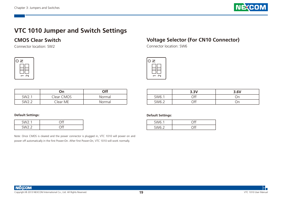 Vtc 1010 jumper and switch settings, Cmos clear switch, Voltage selector (for cn10 connector) | NEXCOM VTC 1010 User Manual | Page 33 / 109