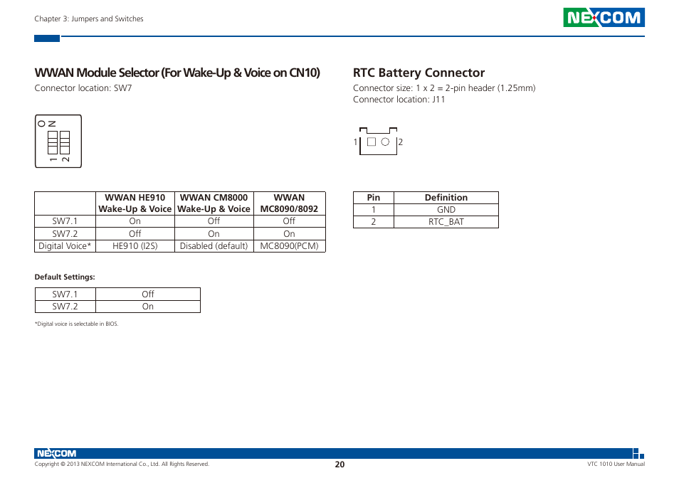 Rtc battery connector, Wwan module selector (for wake-up & voice on cn10) | NEXCOM VTC 1010 User Manual | Page 34 / 109