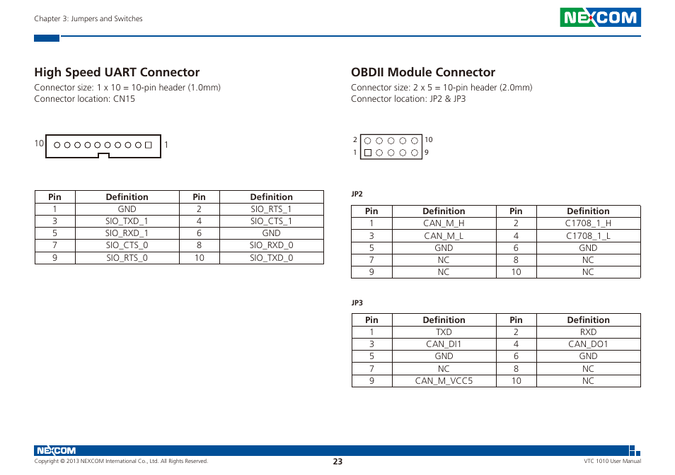 High speed uart connector obdii module connector, High speed uart connector, Obdii module connector | NEXCOM VTC 1010 User Manual | Page 37 / 109