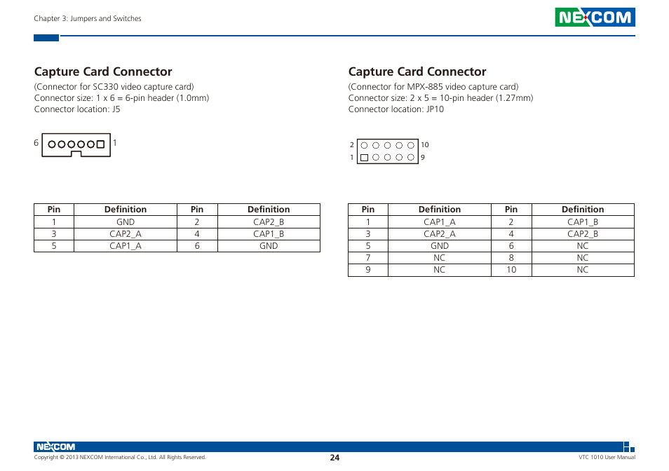 Capture card connector capture card connector, Capture card connector | NEXCOM VTC 1010 User Manual | Page 38 / 109