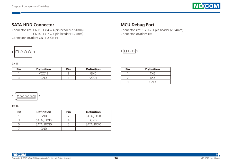 Sata hdd connector mcu debug port, Sata hdd connector, Mcu debug port | NEXCOM VTC 1010 User Manual | Page 40 / 109