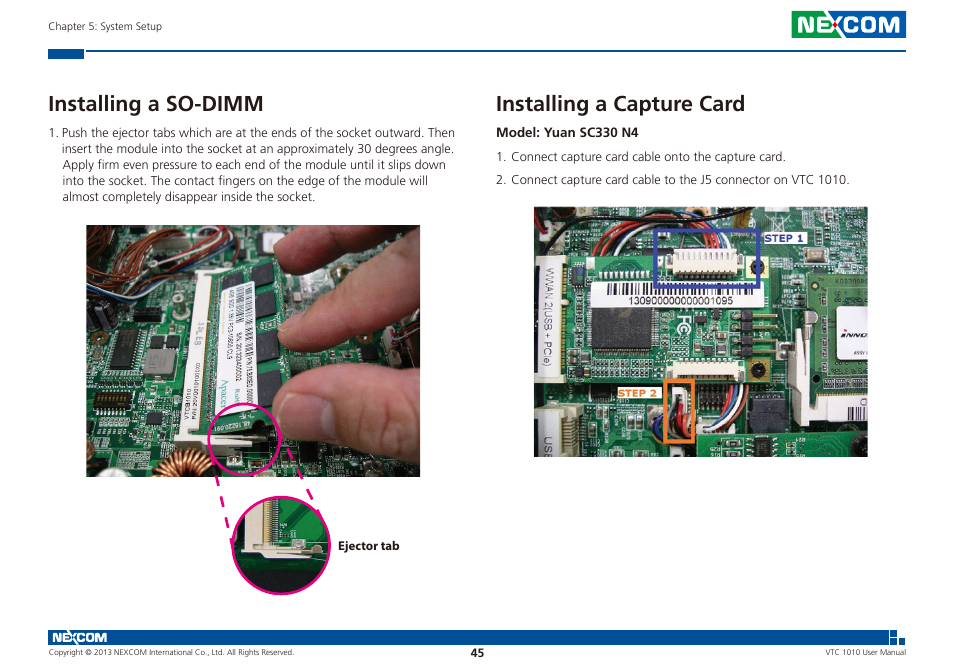 Installing a so-dimm installing a capture card, Installing a so-dimm, Installing a capture card | NEXCOM VTC 1010 User Manual | Page 59 / 109