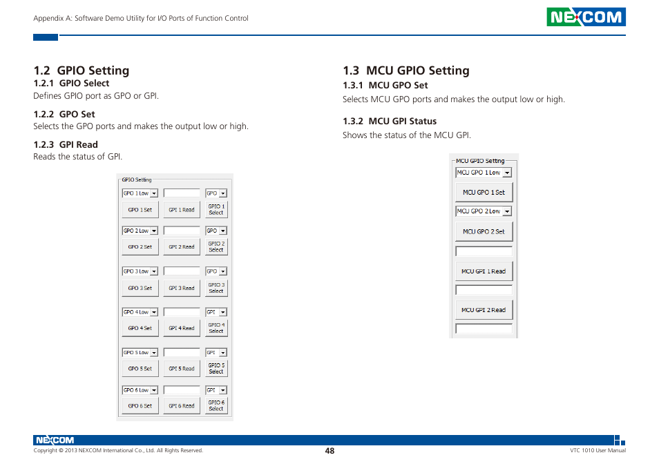2 gpio setting 1.3 mcu gpio setting, 2 gpio setting, 3 mcu gpio setting | NEXCOM VTC 1010 User Manual | Page 62 / 109