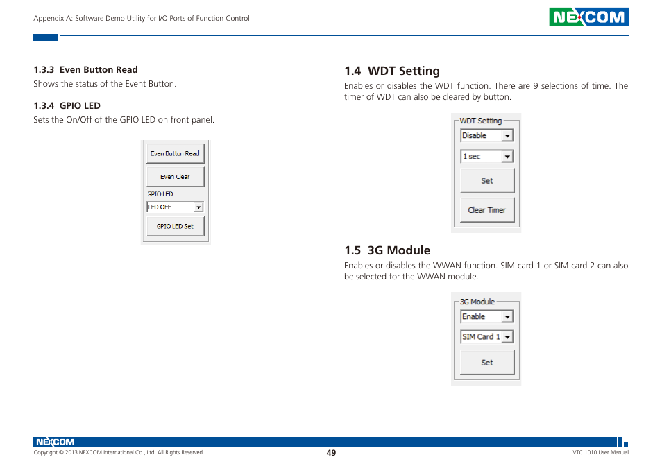 4 wdt setting 1.5 3g module, 4 wdt setting, 5 3g module | NEXCOM VTC 1010 User Manual | Page 63 / 109