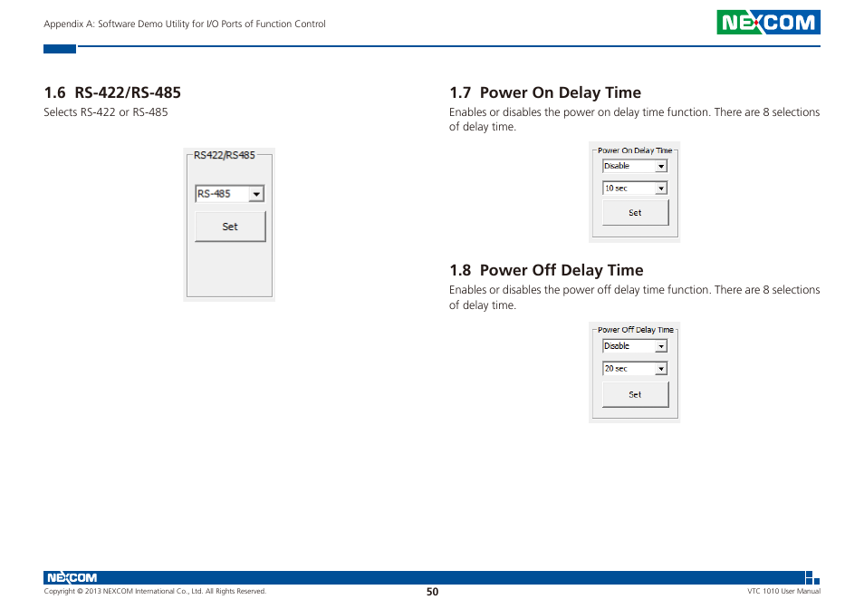 7 power on delay time, 8 power off delay time | NEXCOM VTC 1010 User Manual | Page 64 / 109