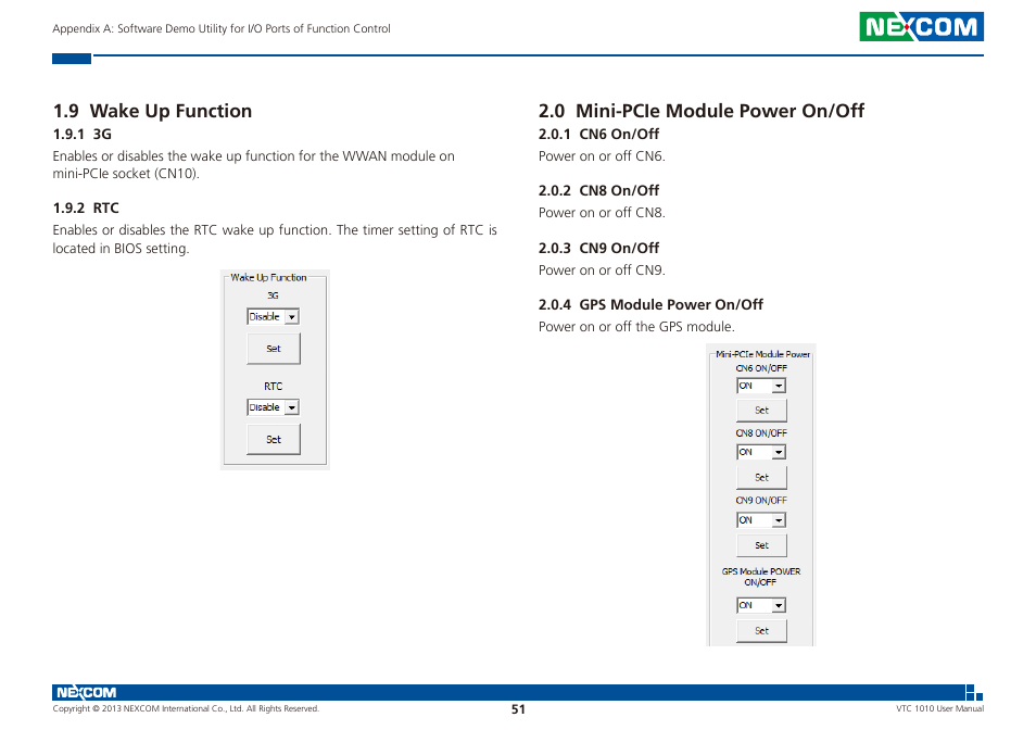 9 wake up function, 0 mini-pcie module power on/off | NEXCOM VTC 1010 User Manual | Page 65 / 109