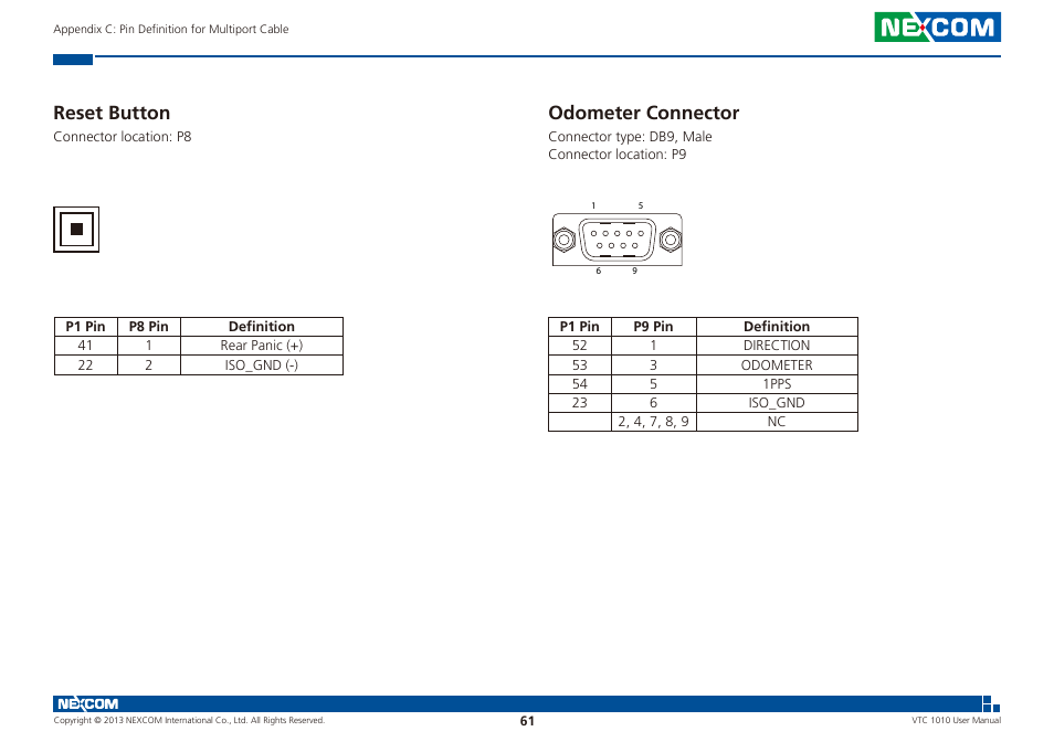 Reset button odometer connector, Reset button, Odometer connector | NEXCOM VTC 1010 User Manual | Page 75 / 109