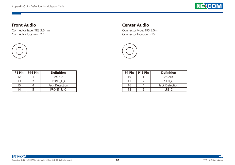Front audio center audio, Front audio, Center audio | NEXCOM VTC 1010 User Manual | Page 78 / 109
