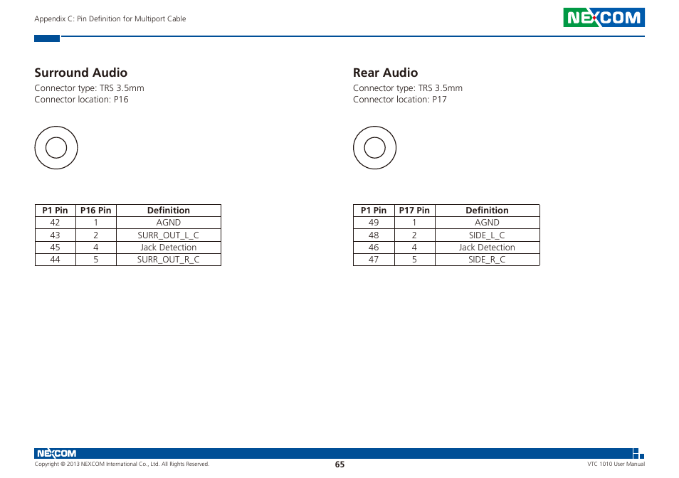 Surround audio rear audio, Surround audio, Rear audio | NEXCOM VTC 1010 User Manual | Page 79 / 109