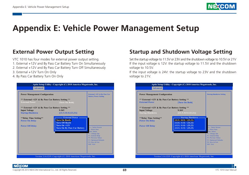 Appendix e: vehicle power management setup, External power output setting, Startup and shutdown voltage setting | NEXCOM VTC 1010 User Manual | Page 83 / 109