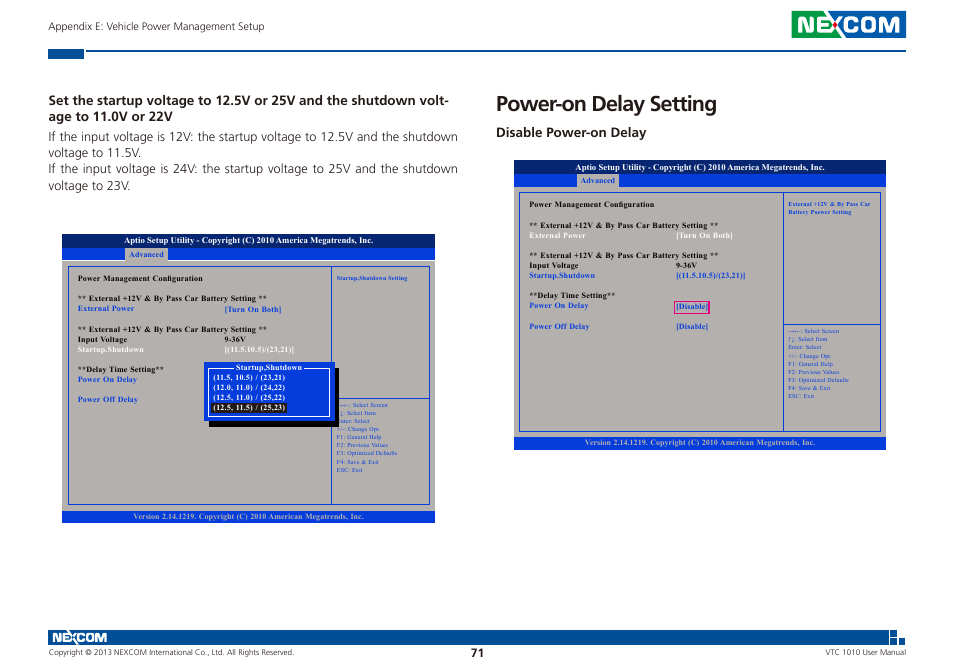 Power-on delay setting, Disable power-on delay | NEXCOM VTC 1010 User Manual | Page 85 / 109