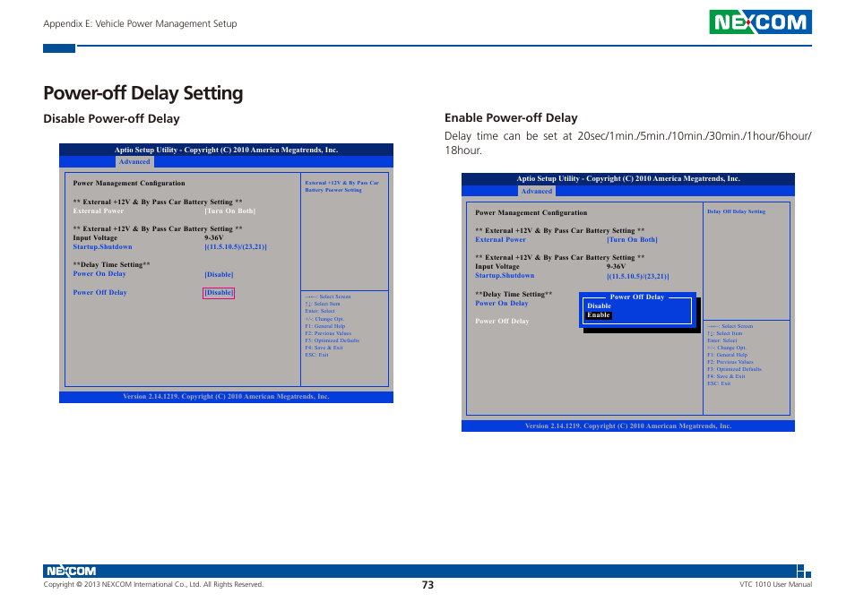 Power-off delay setting, Disable power-off delay, Enable power-off delay | NEXCOM VTC 1010 User Manual | Page 87 / 109