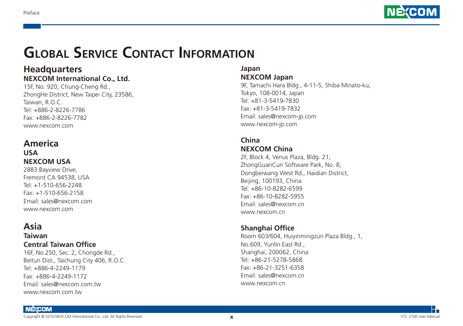 Lobal, Ervice, Ontact | Nformation | NEXCOM VTC 2100 User Manual | Page 10 / 73