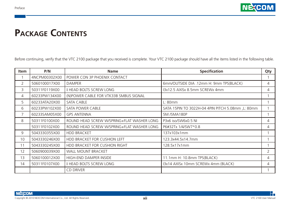 Ackage, Ontents | NEXCOM VTC 2100 User Manual | Page 12 / 73