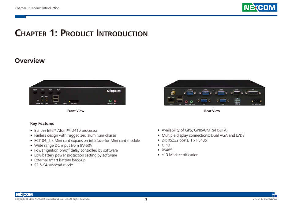 Hapter, Roduct, Ntroduction | Overview | NEXCOM VTC 2100 User Manual | Page 14 / 73