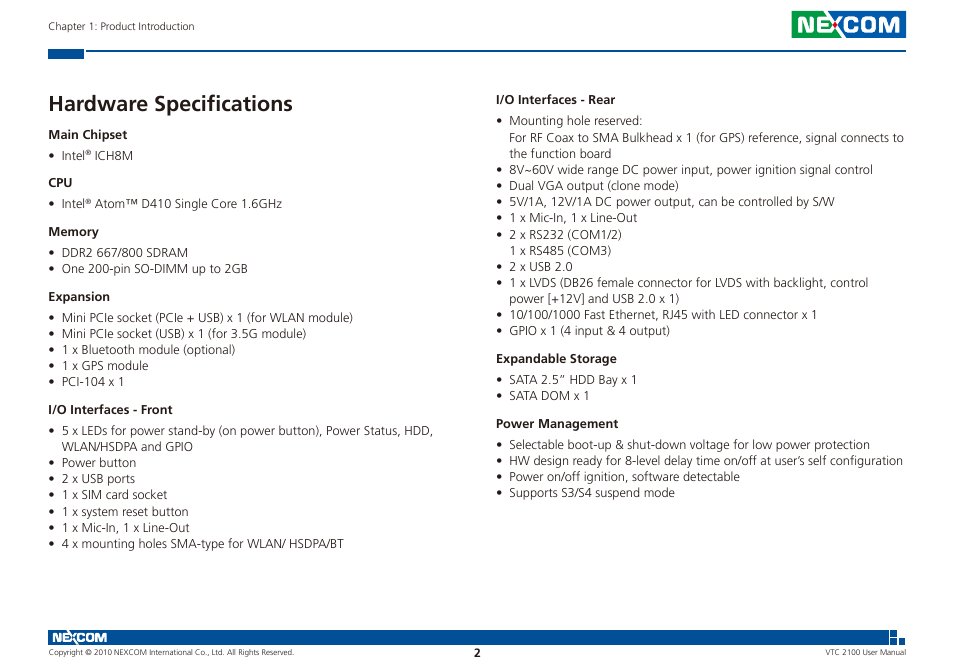 Hardware specifications | NEXCOM VTC 2100 User Manual | Page 15 / 73