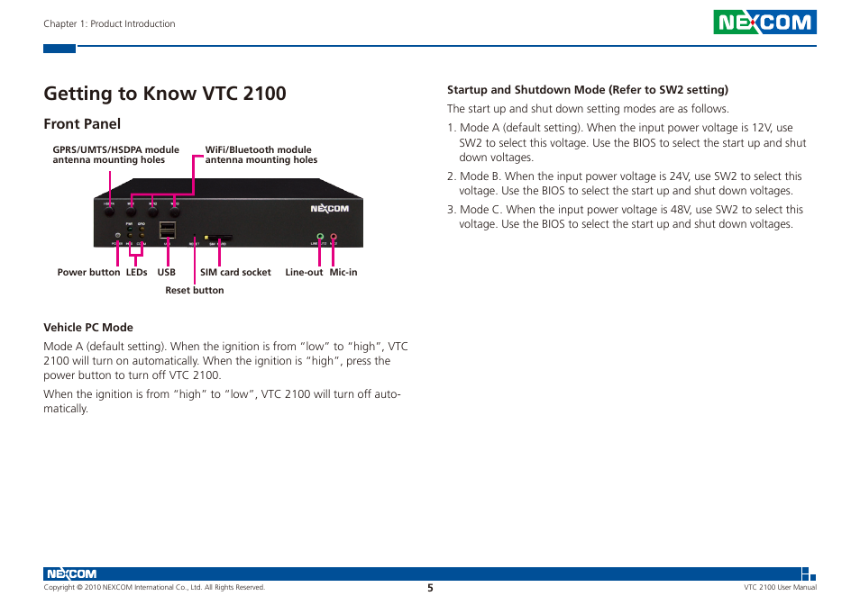 Getting to know vtc 2100, Front panel | NEXCOM VTC 2100 User Manual | Page 18 / 73