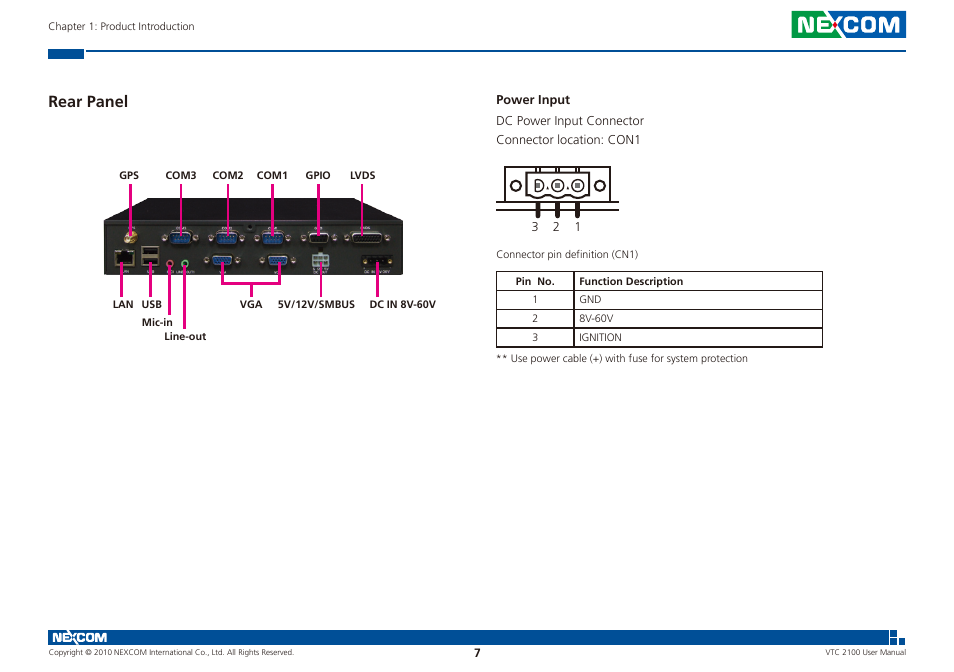 Rear panel | NEXCOM VTC 2100 User Manual | Page 20 / 73