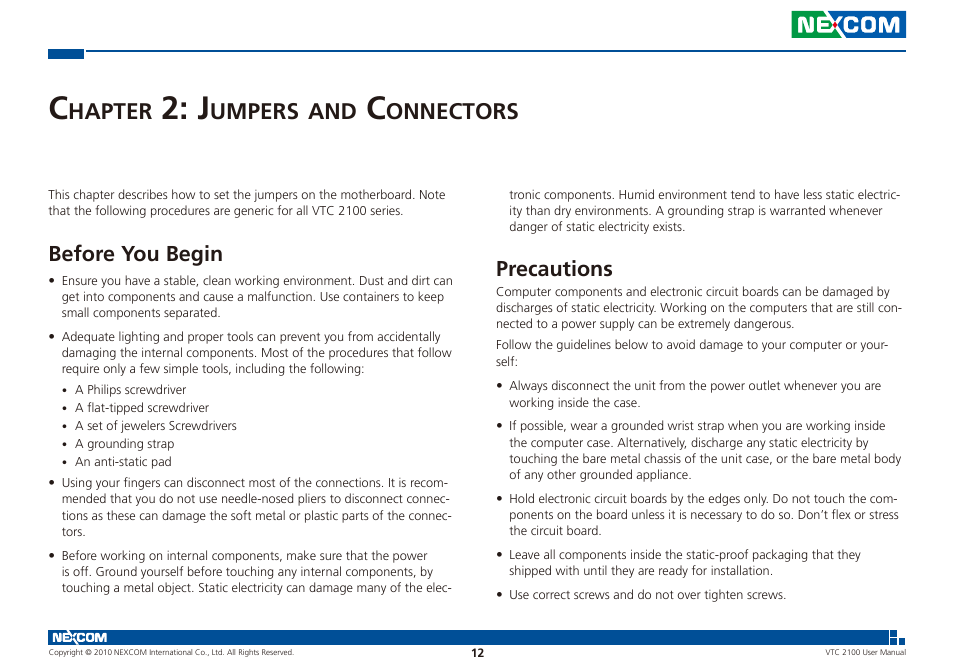 Hapter, Umpers, Onnectors | Before you begin, Precautions | NEXCOM VTC 2100 User Manual | Page 25 / 73