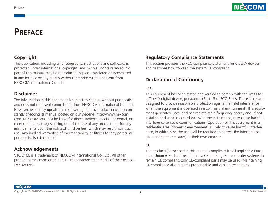 Reface | NEXCOM VTC 2100 User Manual | Page 4 / 73