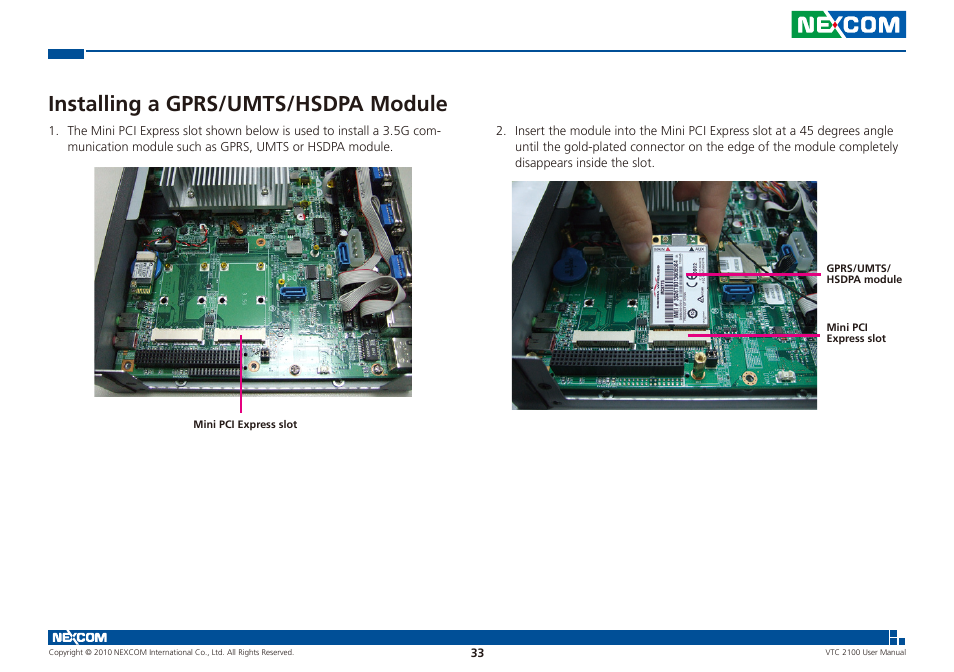 Installing a gprs/umts/hsdpa module | NEXCOM VTC 2100 User Manual | Page 46 / 73