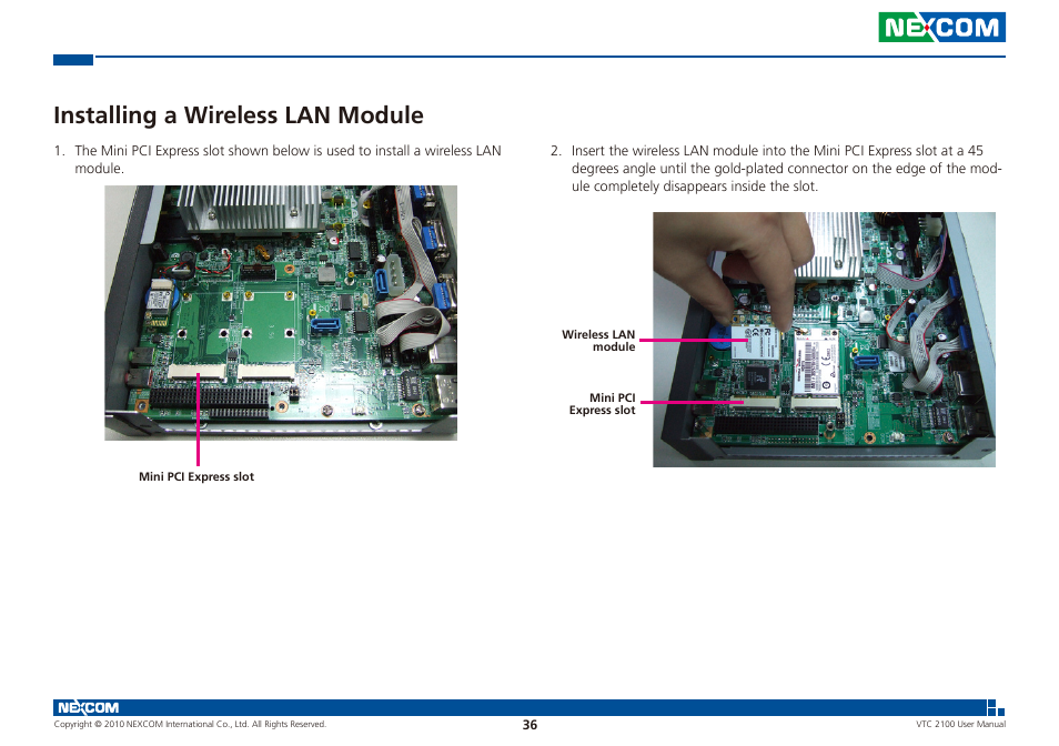 Installing a wireless lan module | NEXCOM VTC 2100 User Manual | Page 49 / 73