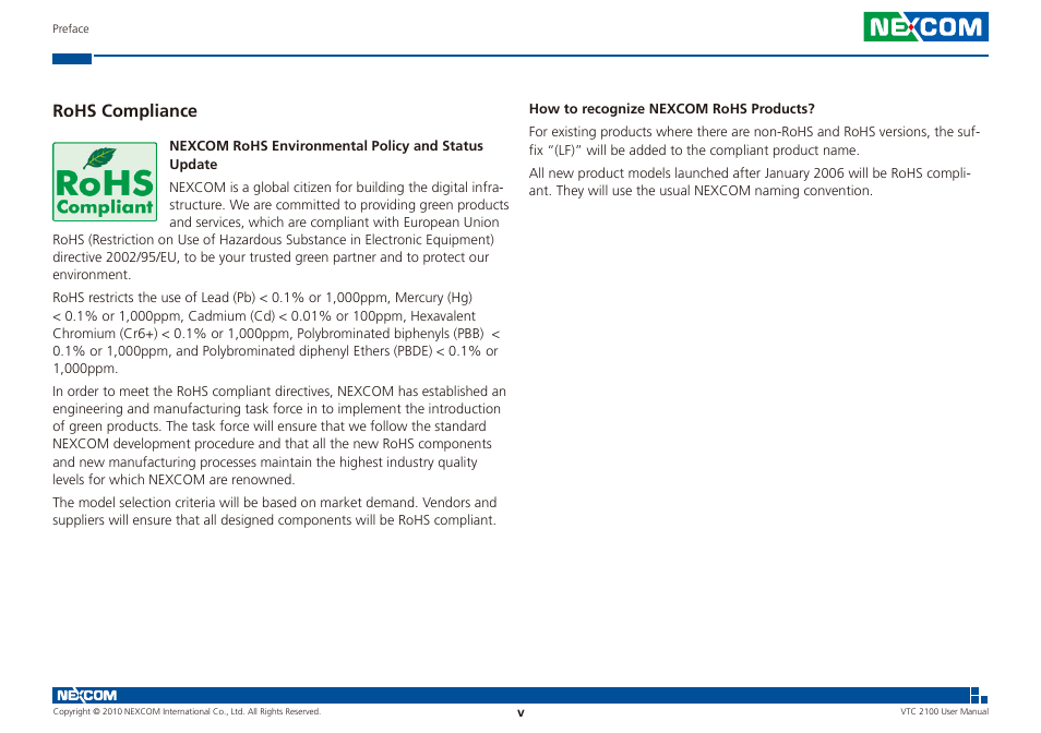 Rohs compliance | NEXCOM VTC 2100 User Manual | Page 5 / 73