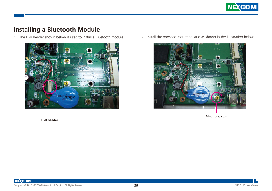 Installing a bluetooth module | NEXCOM VTC 2100 User Manual | Page 52 / 73