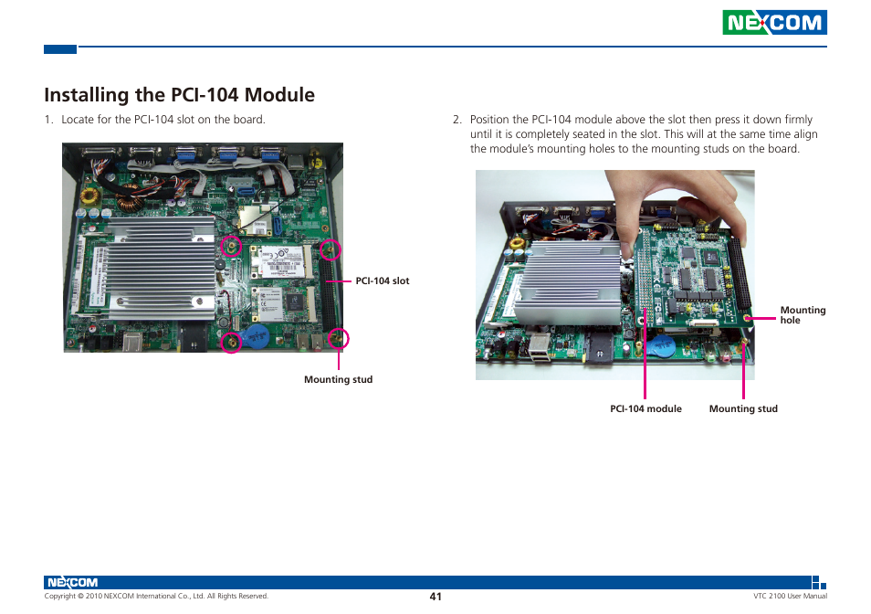 Installing the pci-104 module | NEXCOM VTC 2100 User Manual | Page 54 / 73