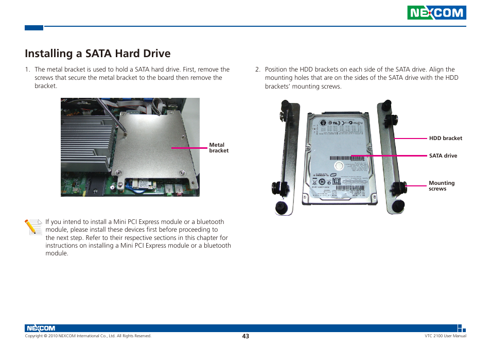 Installing a sata hard drive | NEXCOM VTC 2100 User Manual | Page 56 / 73