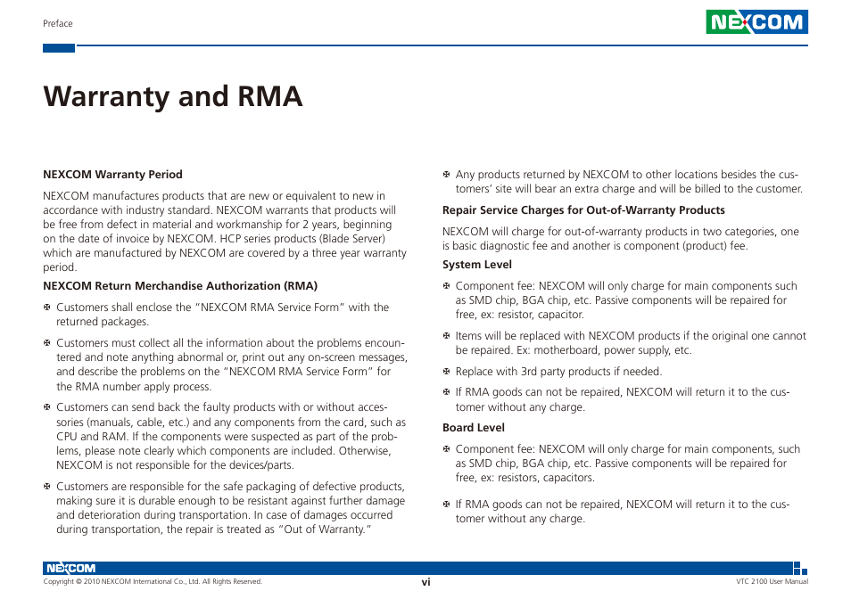 Warranty and rma | NEXCOM VTC 2100 User Manual | Page 6 / 73