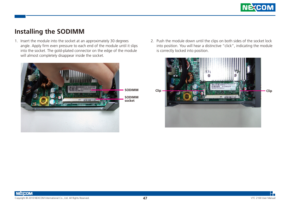 Installing the sodimm | NEXCOM VTC 2100 User Manual | Page 60 / 73