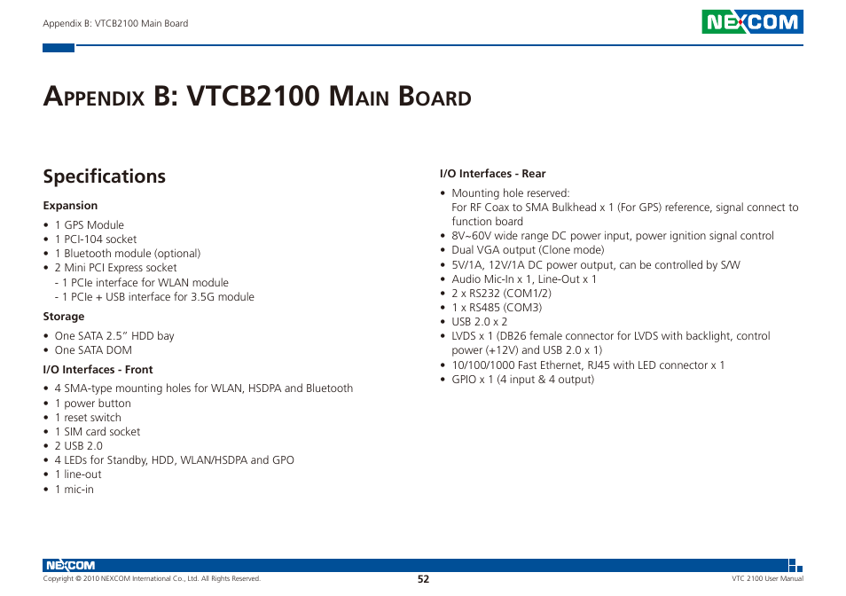 B: vtcb2100 m, Ppendix, Oard | Specifications | NEXCOM VTC 2100 User Manual | Page 65 / 73