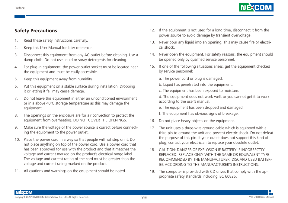 Safety precautions | NEXCOM VTC 2100 User Manual | Page 8 / 73