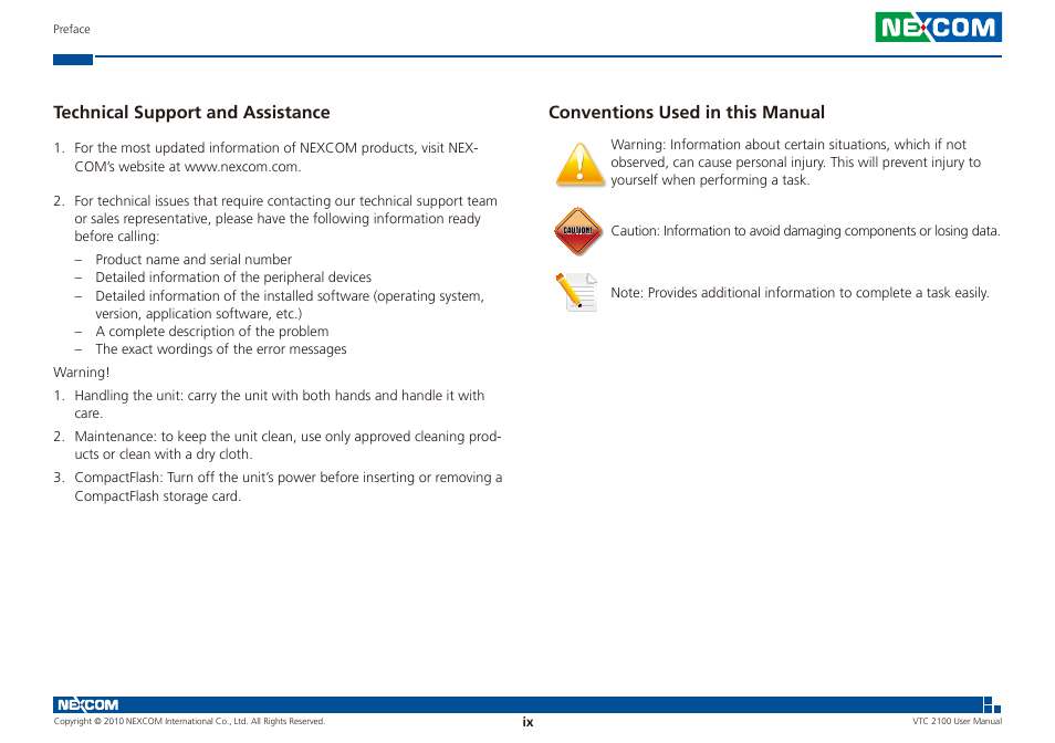 Conventions used in this manual, Technical support and assistance | NEXCOM VTC 2100 User Manual | Page 9 / 73