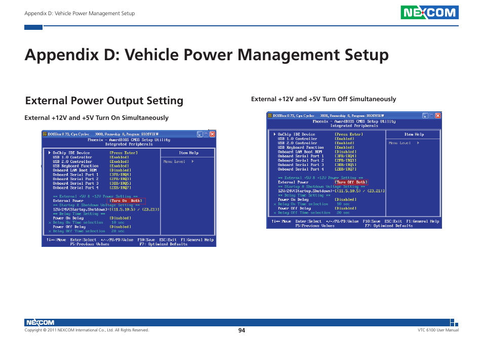 Appendix d: vehicle power management setup, External power output setting | NEXCOM VTC 6100 User Manual | Page 109 / 116