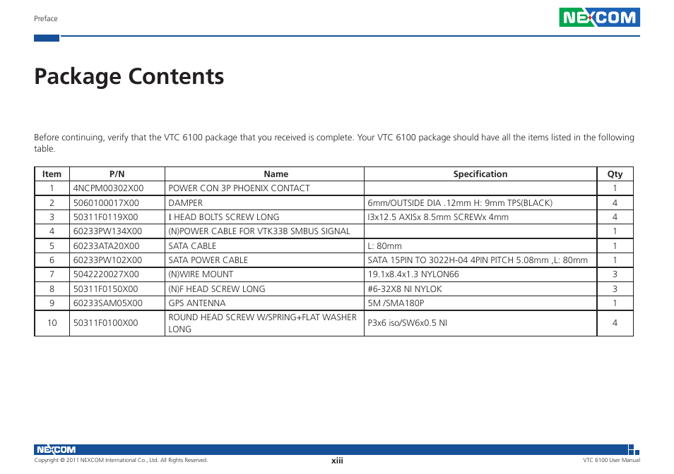 Package contents | NEXCOM VTC 6100 User Manual | Page 13 / 116