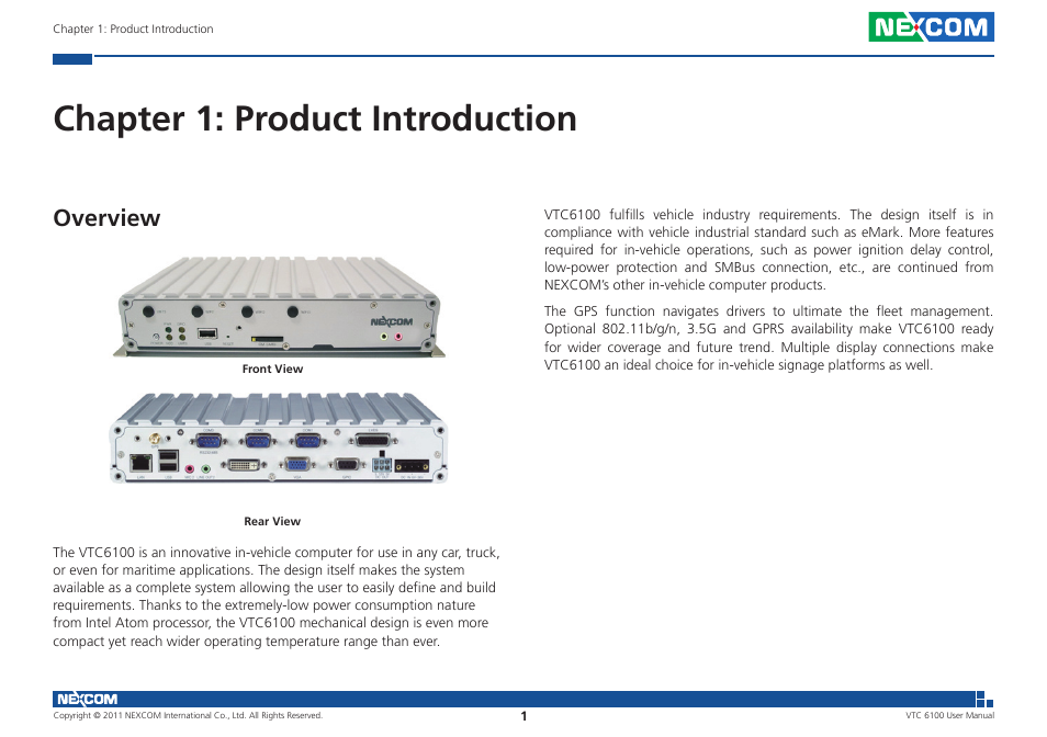 Chapter 1: product introduction, Overview | NEXCOM VTC 6100 User Manual | Page 16 / 116