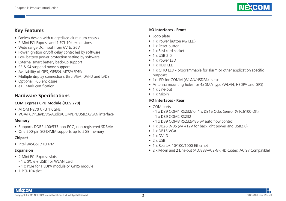 Key features, Hardware specifications | NEXCOM VTC 6100 User Manual | Page 17 / 116