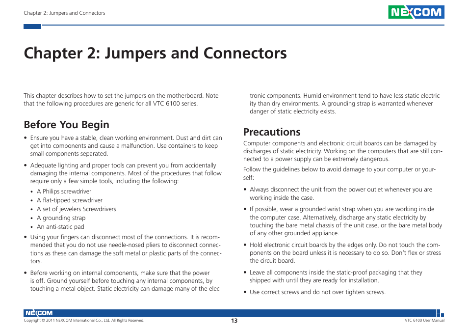 Chapter 2: jumpers and connectors, Before you begin, Precautions | NEXCOM VTC 6100 User Manual | Page 28 / 116