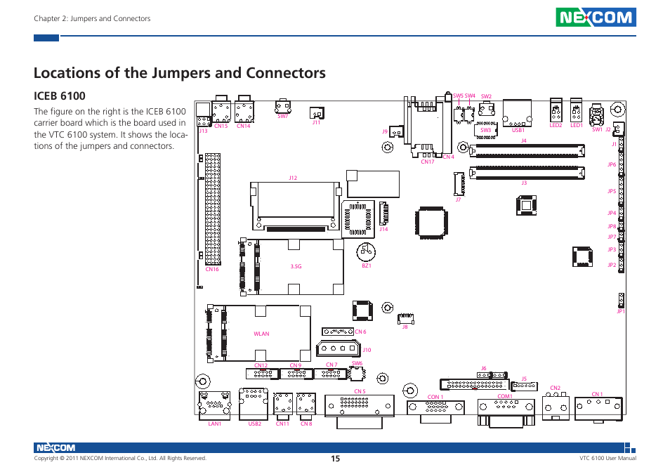 Locations of the jumpers and connectors, Iceb 6100, Chapter 2: jumpers and connectors | NEXCOM VTC 6100 User Manual | Page 30 / 116