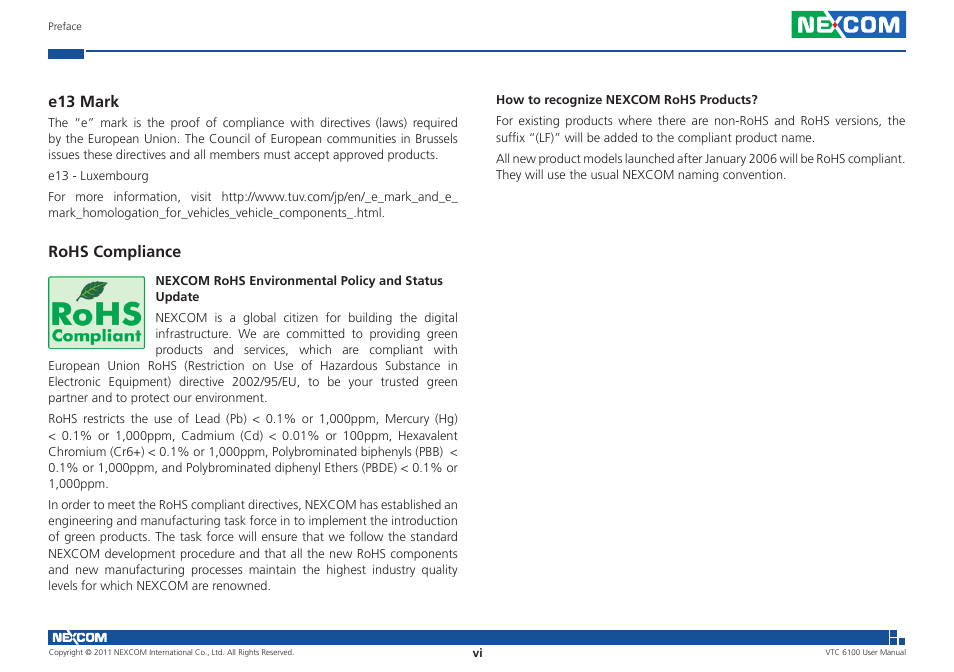 E13 mark, Rohs compliance | NEXCOM VTC 6100 User Manual | Page 6 / 116