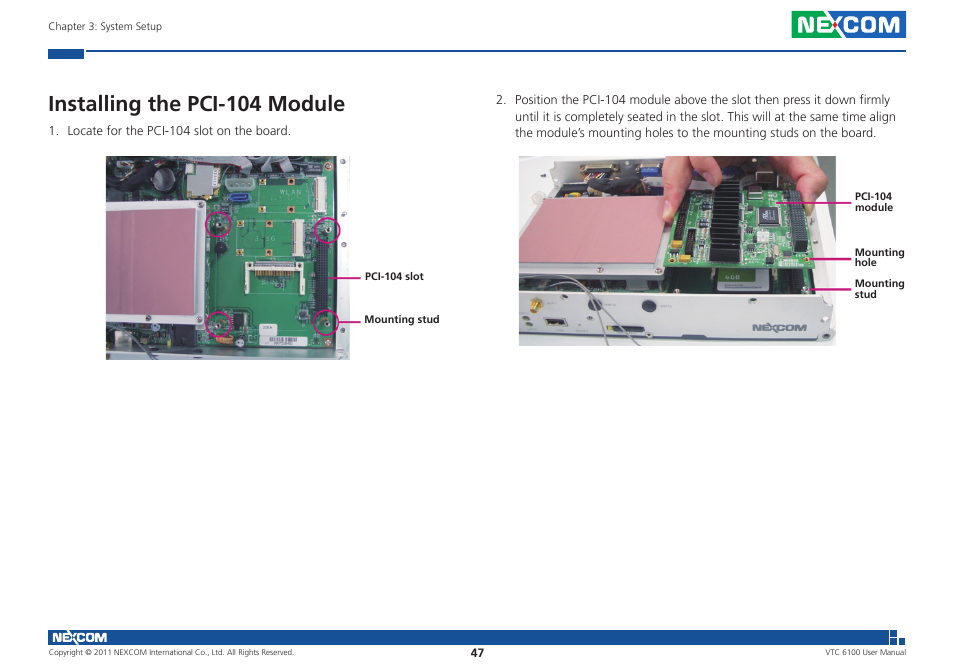 Installing the pci-104 module | NEXCOM VTC 6100 User Manual | Page 62 / 116