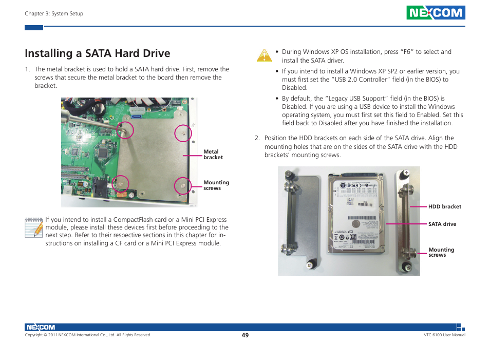 Installing a sata hard drive | NEXCOM VTC 6100 User Manual | Page 64 / 116