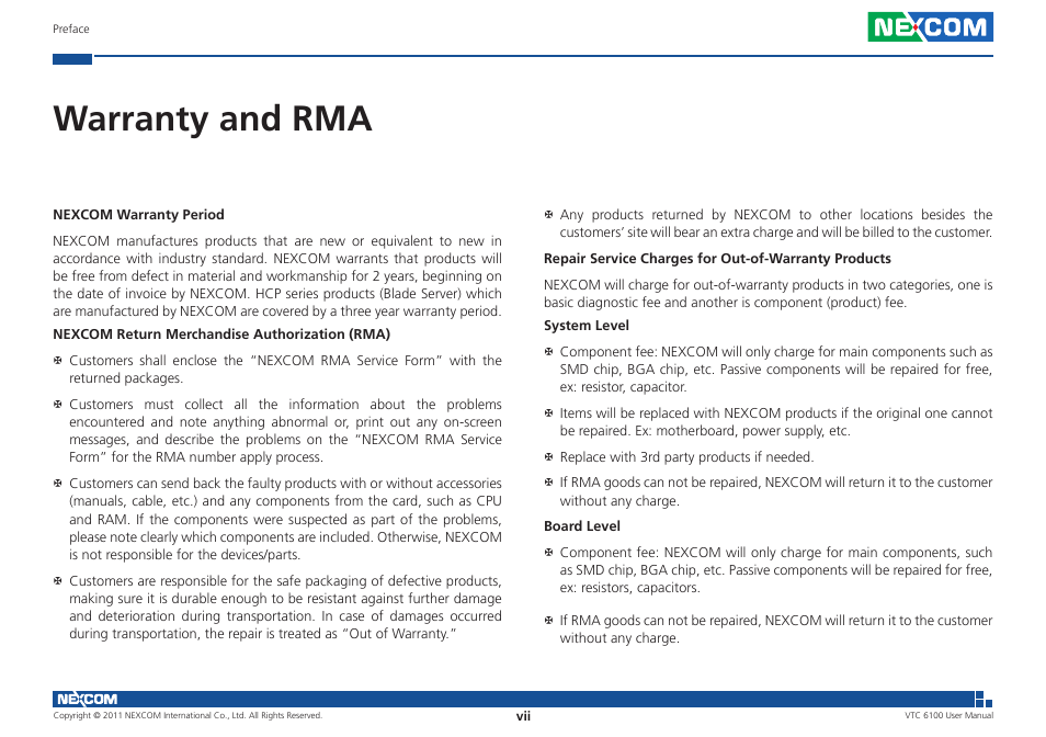 Warranty and rma | NEXCOM VTC 6100 User Manual | Page 7 / 116