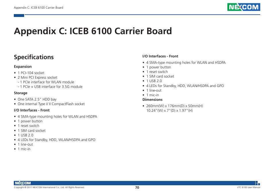 Appendix c: iceb 6100 carrier board, Specifications | NEXCOM VTC 6100 User Manual | Page 85 / 116