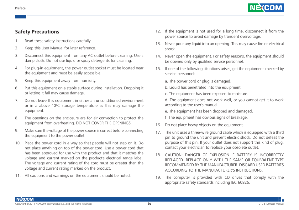 Safety precautions | NEXCOM VTC 6100 User Manual | Page 9 / 116