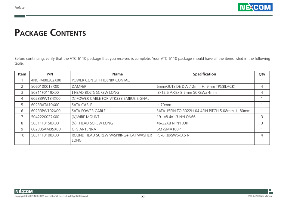 Ackage, Ontents | NEXCOM VTC 6110 User Manual | Page 12 / 117