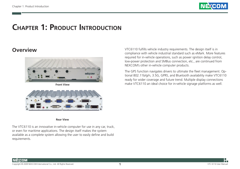 Hapter, Roduct, Ntroduction | Overview | NEXCOM VTC 6110 User Manual | Page 15 / 117